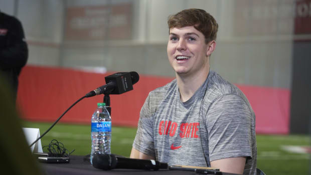 Quarterback Will Howard speaks to members of the Ohio State media for the first time.